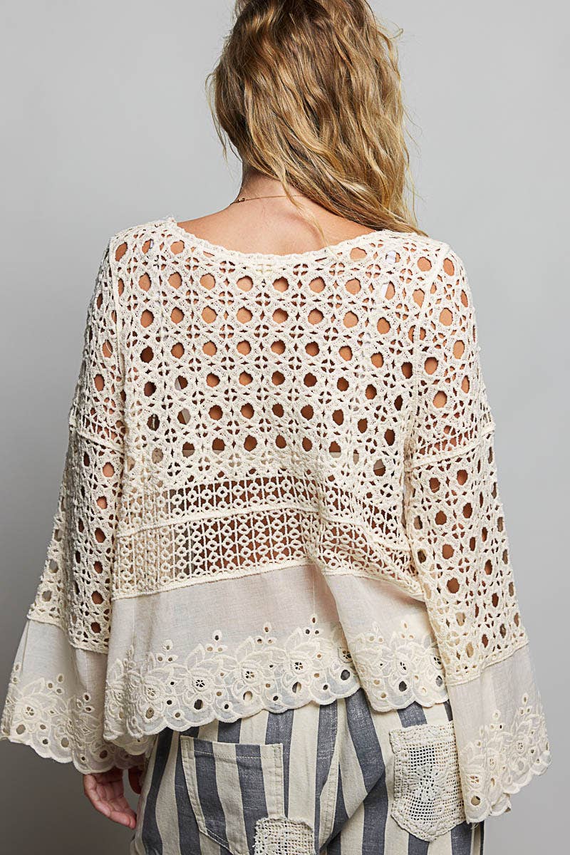 Long Sleeve Round Neck Women Crochet Top: NATURAL / OS