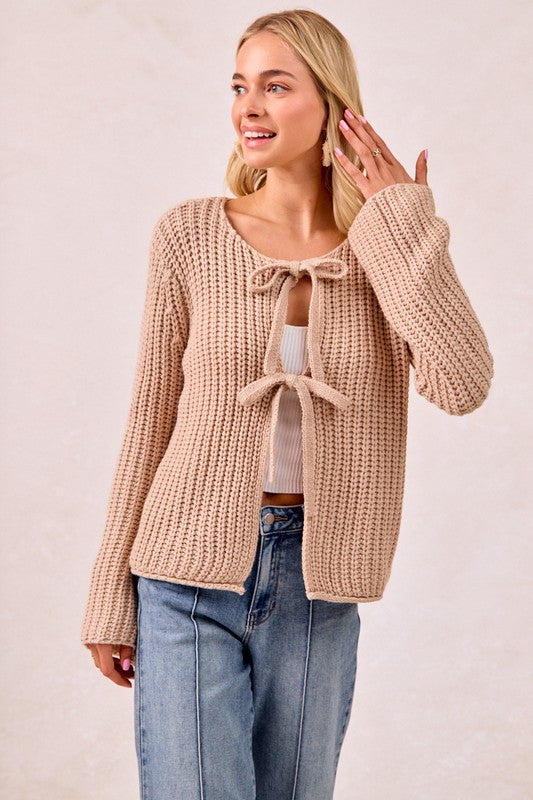 The Tessa Bow-Tie Knit Cardigan – Oatmeal