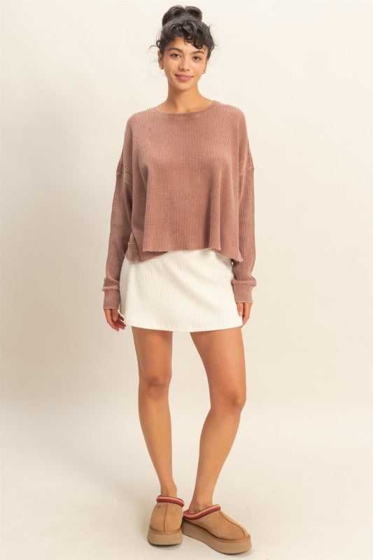 Willow Open Back Textured Knit Sweater Top – Casual Chic Long Sleeve Layering Piece