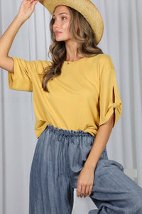 The Ava Tie Sleeve Cupro Tee: Honey – Soft Crew Neck Drop Shoulder Lightweight Top