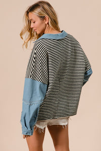 Maria Stripe Denim Sleeve Long Sleeve Top: Black