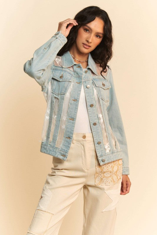 The Briar Lace Panel Denim Jacket – Floral Mesh Western Jean Jacket