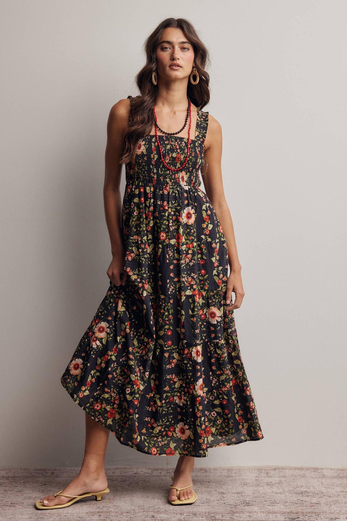 The Meadow Breeze Smocked Midi Dress: Black – Cotton Tiered Boho Dress with Pockets