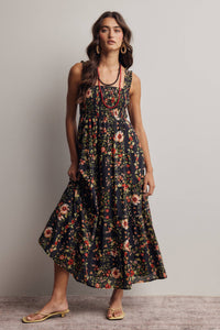 The Meadow Breeze Smocked Midi Dress: Black – Cotton Tiered Boho Dress with Pockets