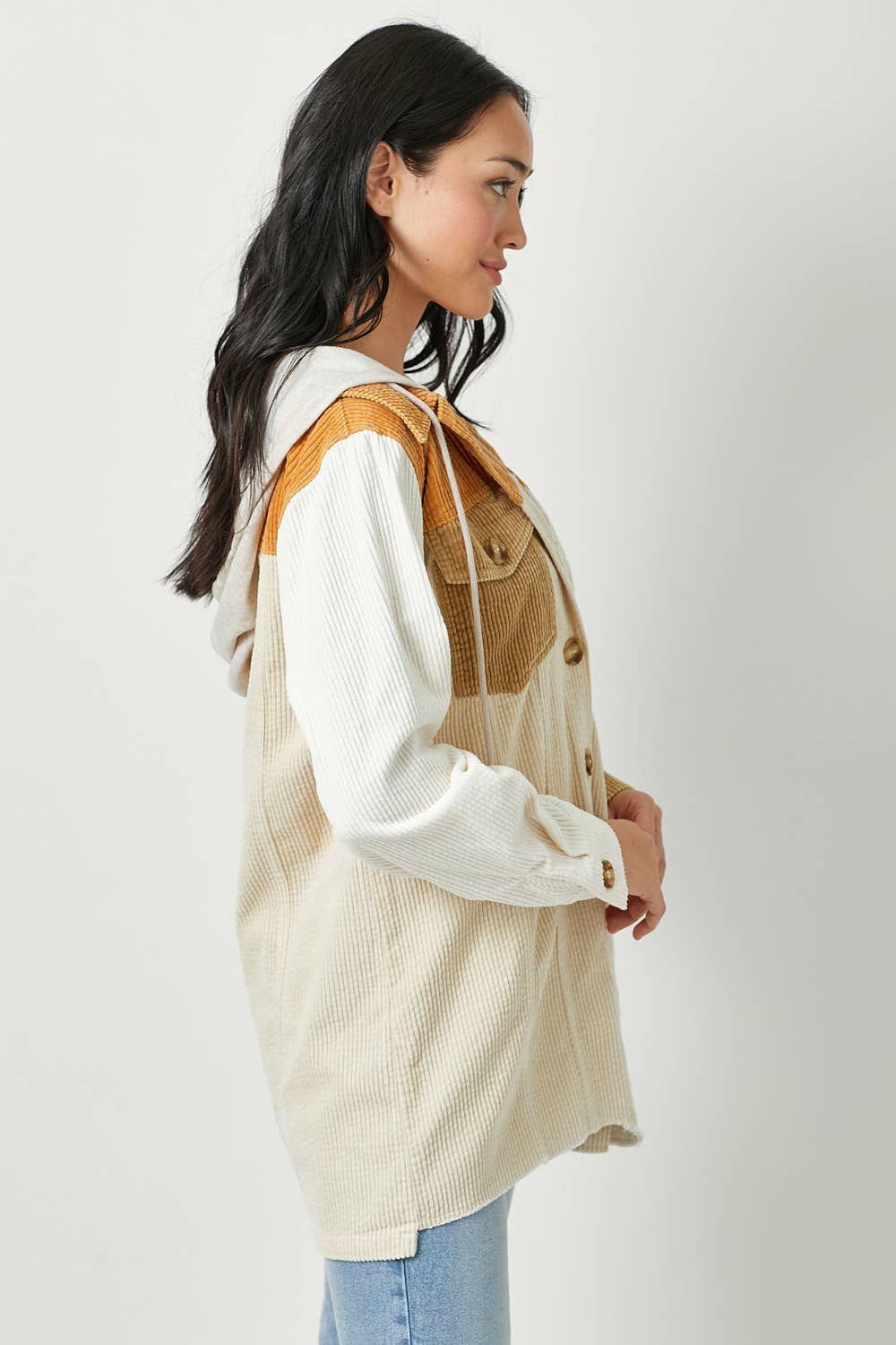 Sadie Color Block Corduroy Hoodie Shacket – Washed Button Down Hi-Low Hem