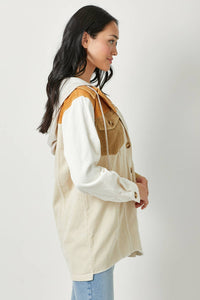 Sadie Color Block Corduroy Hoodie Shacket – Washed Button Down Hi-Low Hem