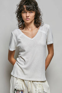 The Clara Lace Trim V Neck Top: Natural – Short Sleeve Textured Knit Everyday Basic