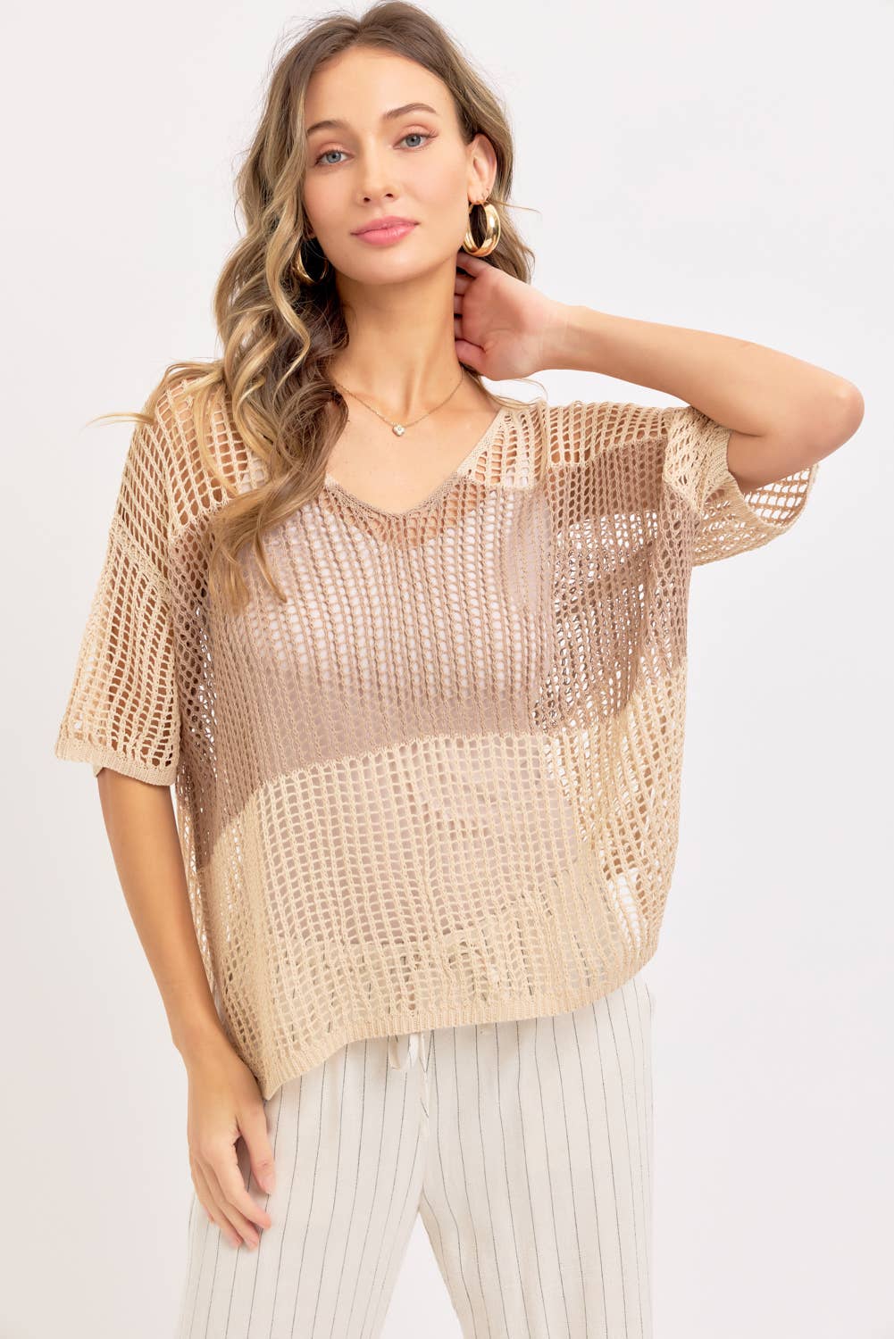 Jade Slouchy Open-Knit V-Neck Top