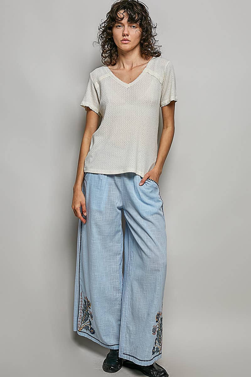 The Clara Lace Trim V Neck Top: Natural – Short Sleeve Textured Knit Everyday Basic