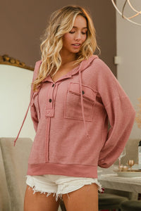 Eliza Button Detail French Terry Hoodie: Mauve