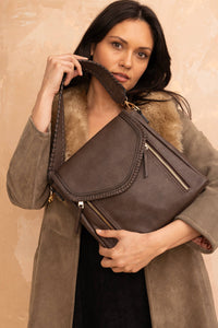 Jen & Co. Lorelei Double Zip Whipstitch Crossbody: Light Brown – Vegan Leather Braided Trim Bag
