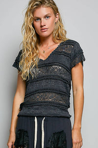 The Emery Lace V Neck Top:Navy  – Short Sleeve Raw Edge Lightweight Feminine Blouse