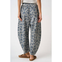 Vintage Blue Floral French Terry Barrel Pants: Grey