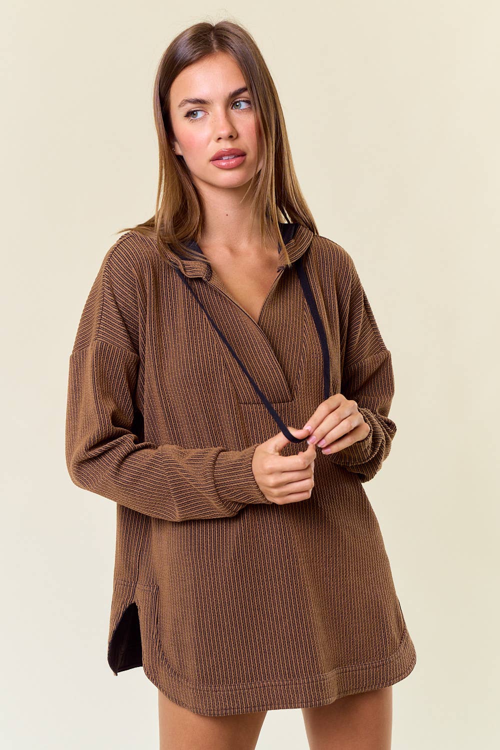 Willa Stripe V-Neckline Long Sleeve Hooded Sweatshirt: Caramel