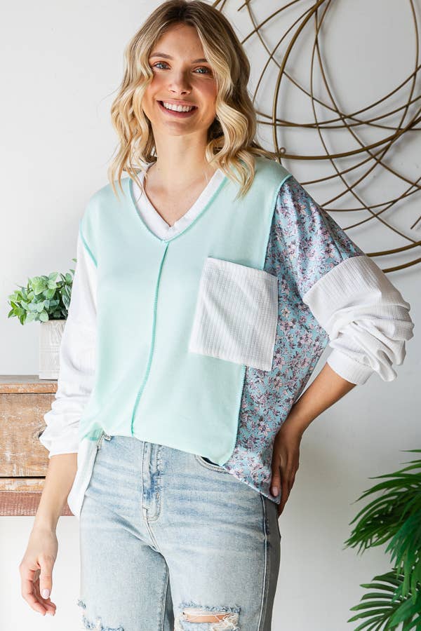 Beth Boho Floral Patch Long Sleeve Top: Mint