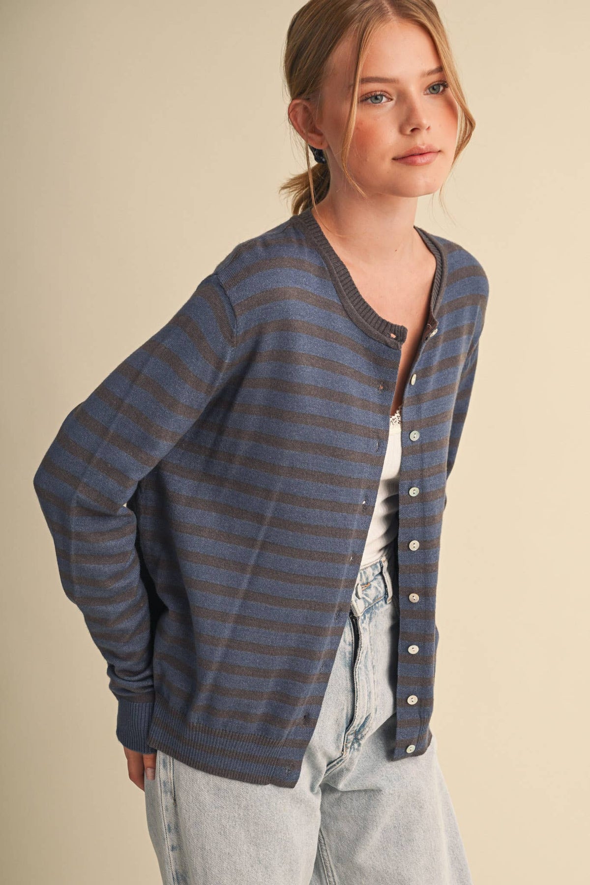 Just Between Us Stripe Cardigan: Denim/Charcoal