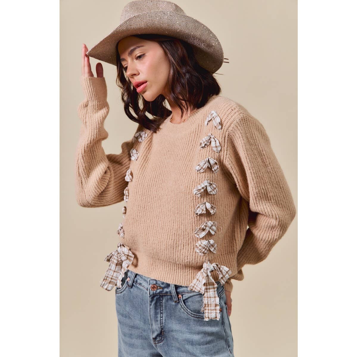 Harper Plaid Bow Detail Sweater: Taupe