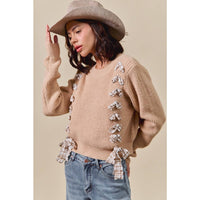 Harper Plaid Bow Detail Sweater: Taupe