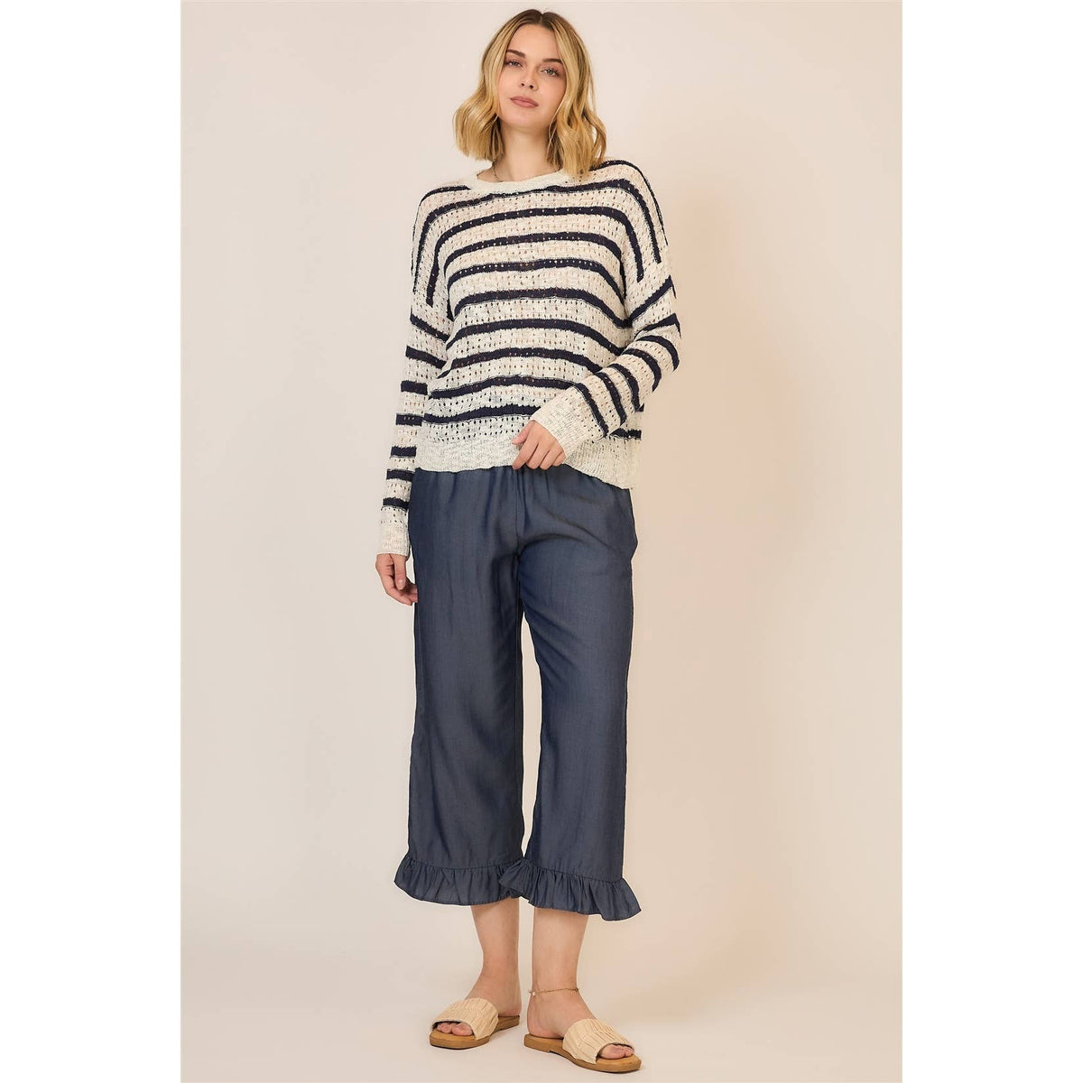 Classic Stripe Open Knit Sweater: Off White/Navy