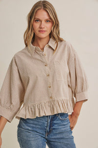 MORNING OAT MICRO CHECK RUFFLE HEM BUTTON-DOWN SHIRT: VANILLA / S