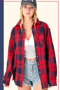 Rowan Mineral Wash Plaid Flannel Shacket with Raw Edge Details
