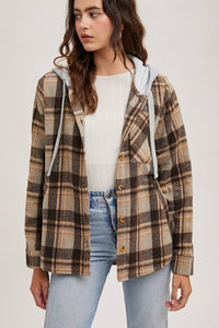 Rowan Hooded Plaid Flannel Shacket – Mocha & Taupe Button-Front Jacket