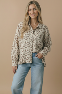 The Wren Floral Peplum Button-Up Blouse: Oatmeal