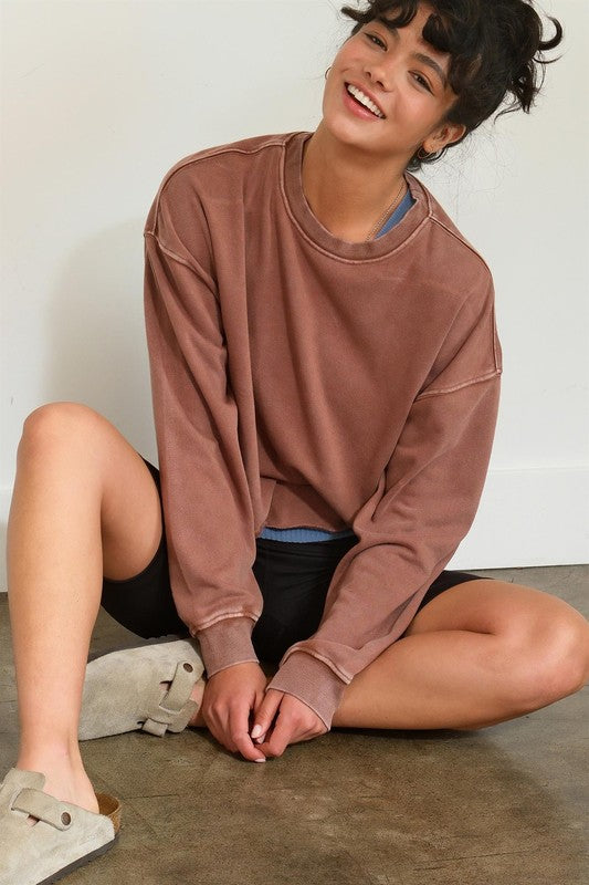 Sunday Cozy Cropped Raw Hem Crew Sweatshirt