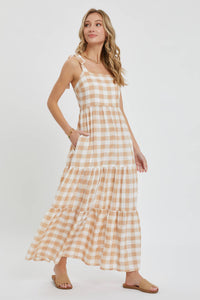 The Daisy Gingham Maxi Dress: Taupe