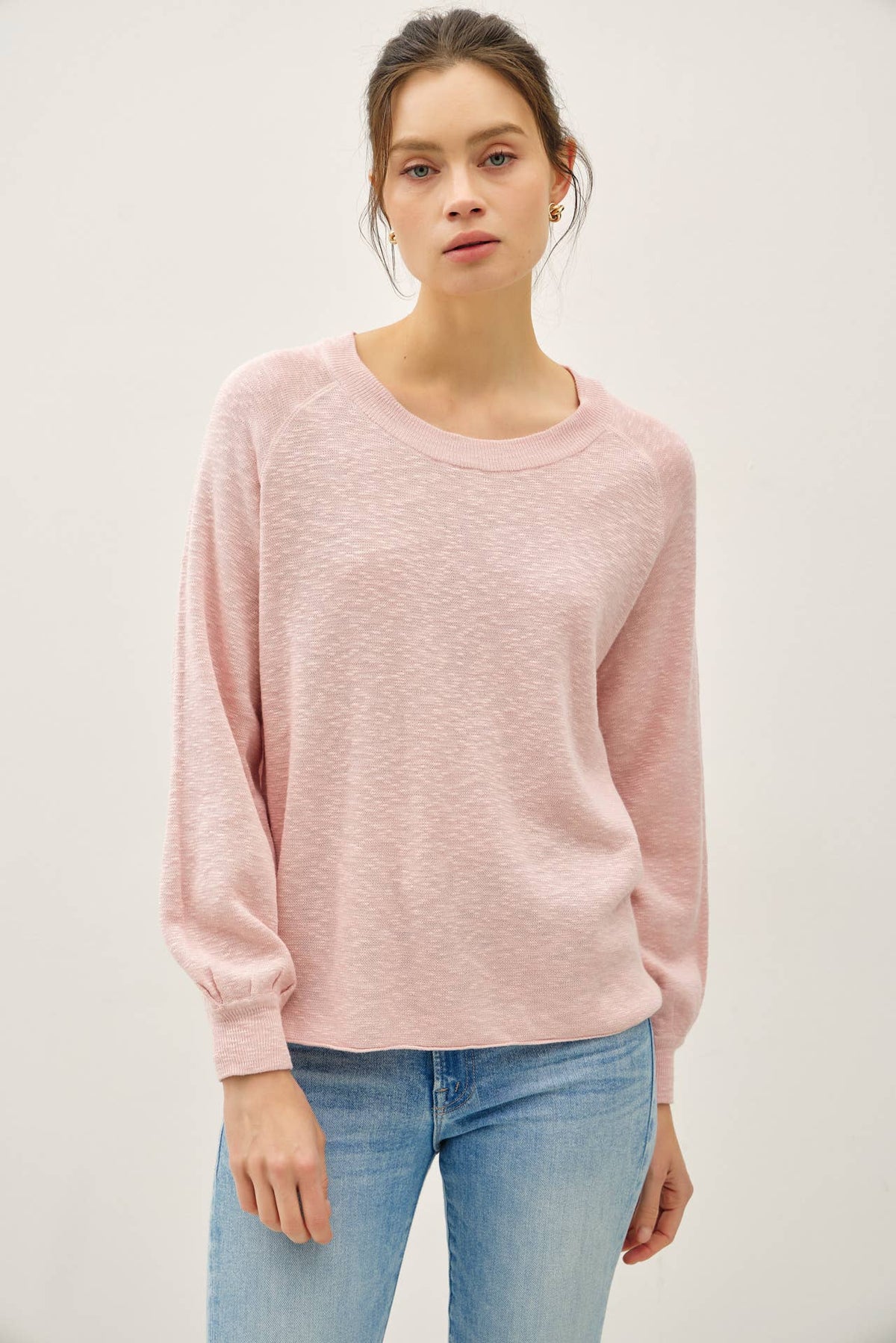 The Cambria Cotton Blend Knit Sweater: Peony Pink – Lightweight Raglan Crew Neck Pullover