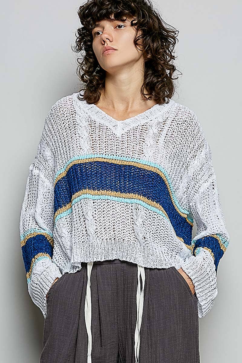 The Rowan Stripe Open Knit Sweater: Off White/  Blue
