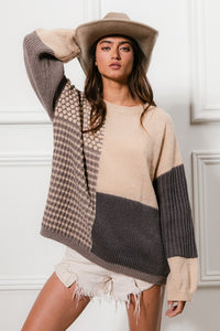 Isla Mixed Pattern Cozy Sweater: Oatmeal/Navy/ Grey