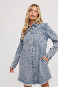 Billie Denim Distressed Long Sleeve Shirt Dress: Medium Wash