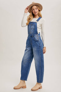 Juniper Barrel Leg Denim Overalls – Vintage Medium Wash Barrel-Leg Overalls with Adjustable Straps