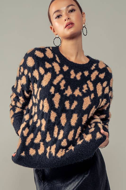 Cora Fuzzy Animal Print Crew Sweater: Black