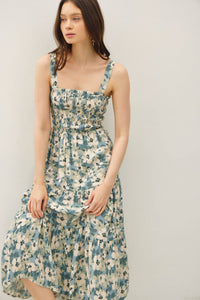 The Ellery Floral Tiered Midi Maxi Dress: Teal – Smocked Back Adjustable Strap Boutique Dress for Women