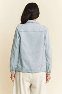 The Clara Lace Patch Denim Jacket – Light Wash Button-Up with Boho Details