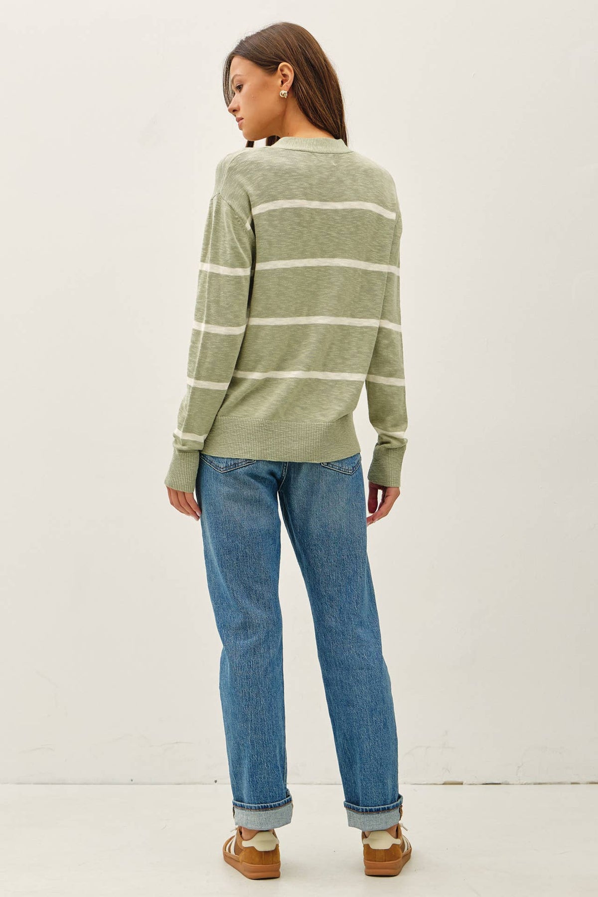 The Sutton Striped Oversized Cardigan: Soft Sage– Lightweight V-Neck Button Front Sweater for Women