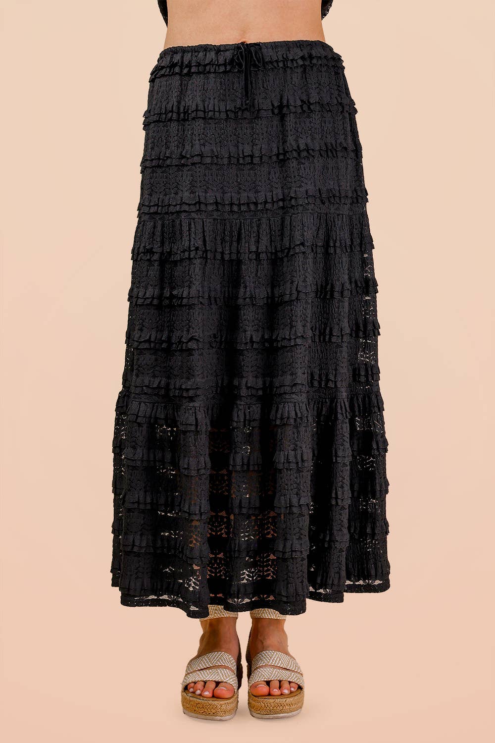 Savannah Tiered Lace Midi Skirt: Black – Boho Elastic Waist Maxi Skirt with Lining