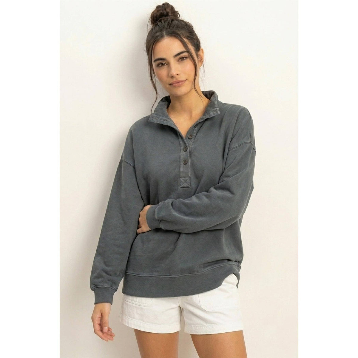 Keep It Casual Mineral WashButton Front Sweatshirt