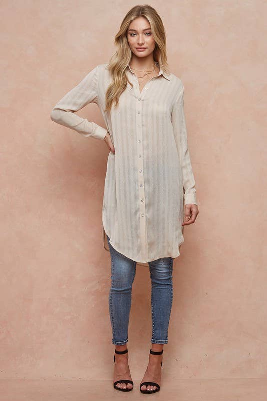 Cabo Semi Sheer Button Down Shirt Duster: Nude