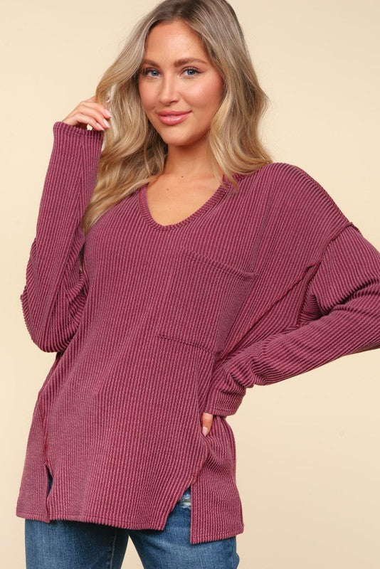 Mila Vintage Wash Ribbed Long Sleeve Basic Top