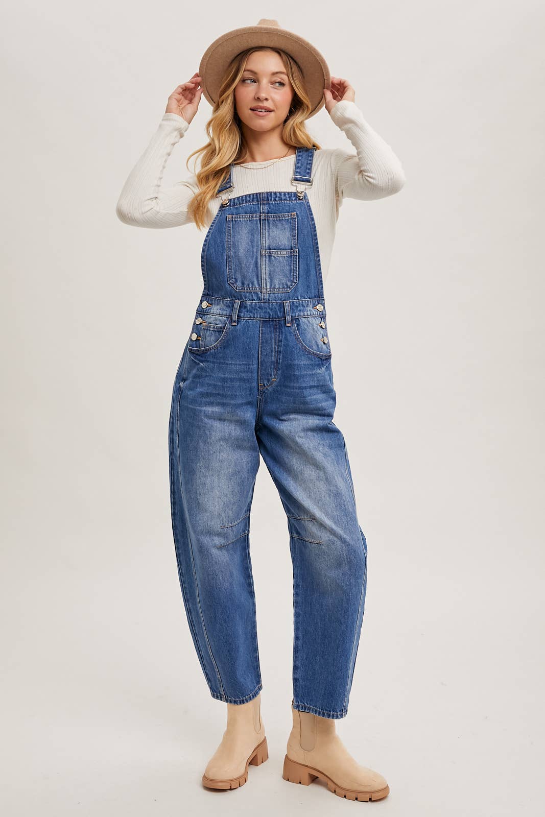 Juniper Barrel Leg Denim Overalls – Vintage Medium Wash Barrel-Leg Overalls with Adjustable Straps
