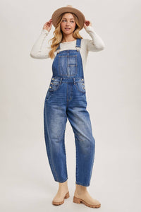 Juniper Barrel Leg Denim Overalls – Vintage Medium Wash Barrel-Leg Overalls with Adjustable Straps