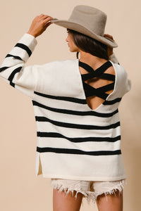 Rae Criss Cross Back Detail Stripe Sweater: Ivory/ Black