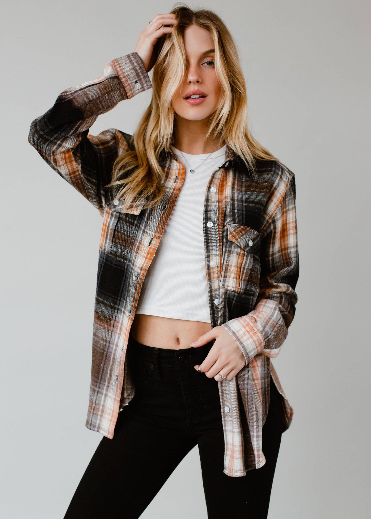 Fall Favorite Black, Gray, Rust & Cream Plaid Flannel