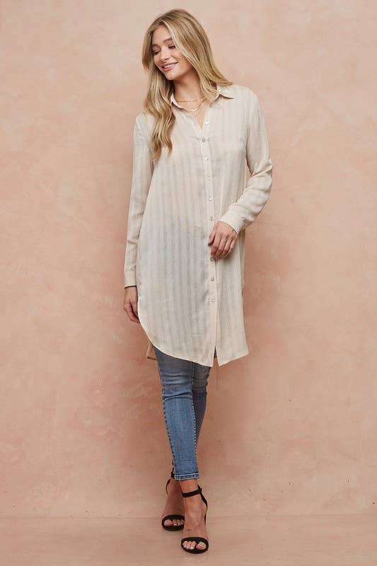 Cabo Semi Sheer Button Down Shirt Duster: Nude