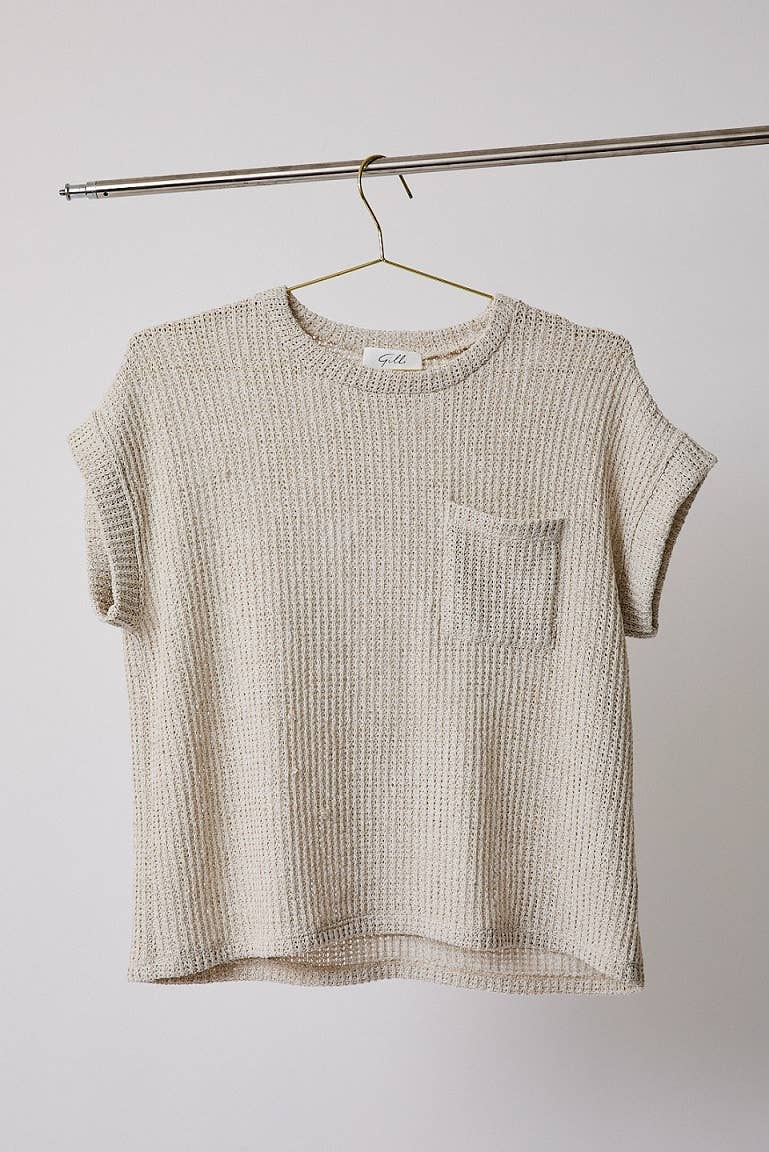 The Collins Textured Knit Pocket Top: Natural  – Cuffed Sleeve Crew Neck Everyday Sweater Tee for Women