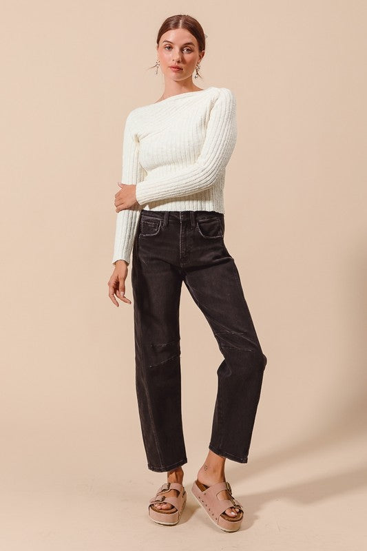 Emery Barrel Leg Jeans – Mid Rise Black Denim with Side Panel Detail