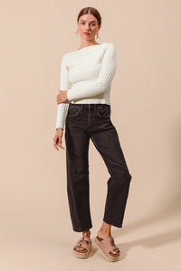 Emery Barrel Leg Jeans – Mid Rise Black Denim with Side Panel Detail